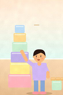 Illustration of a child adding a box to a tall tower of colourful boxes beside a lolly stick bridge and a row of bottles
