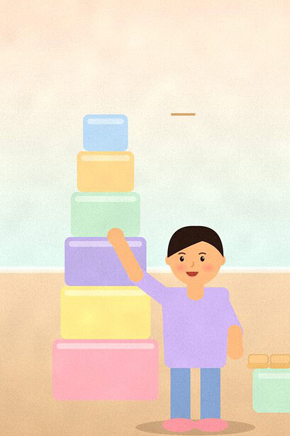 Illustration of a child adding a box to a tall tower of colourful boxes beside a lolly stick bridge and a row of bottles