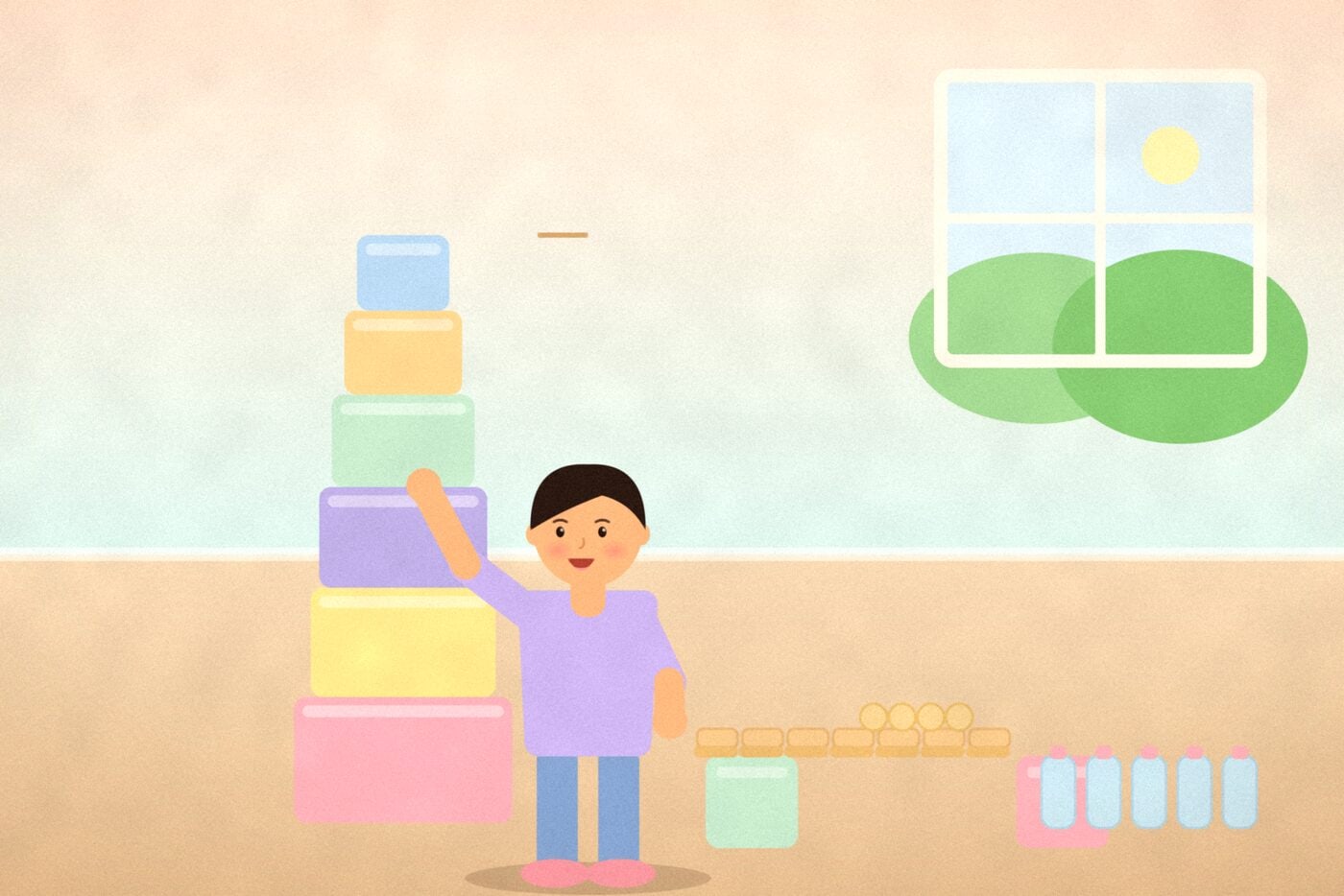 Illustration of a child adding a box to a tall tower of colourful boxes beside a lolly stick bridge and a row of bottles