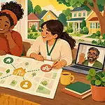 A parent maps support with a neighbor, a school caregiver and a distant relative on a video call