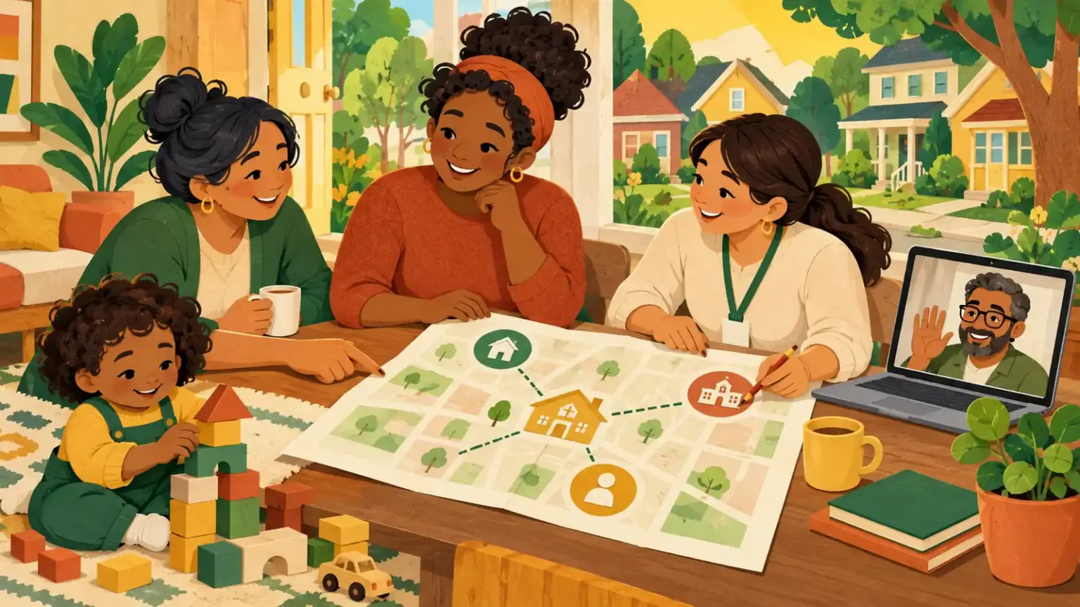 A parent maps support with a neighbor, a school caregiver and a distant relative on a video call