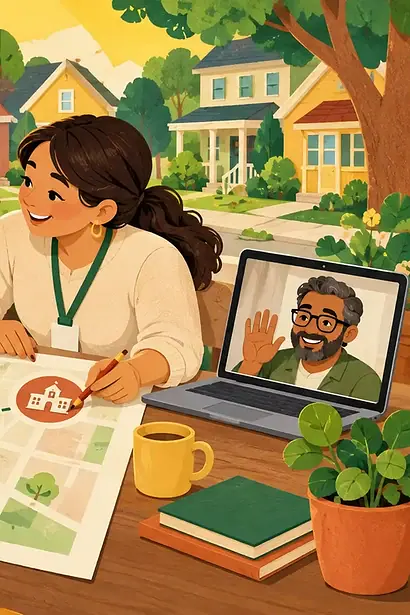 A parent maps support with a neighbor, a school caregiver and a distant relative on a video call