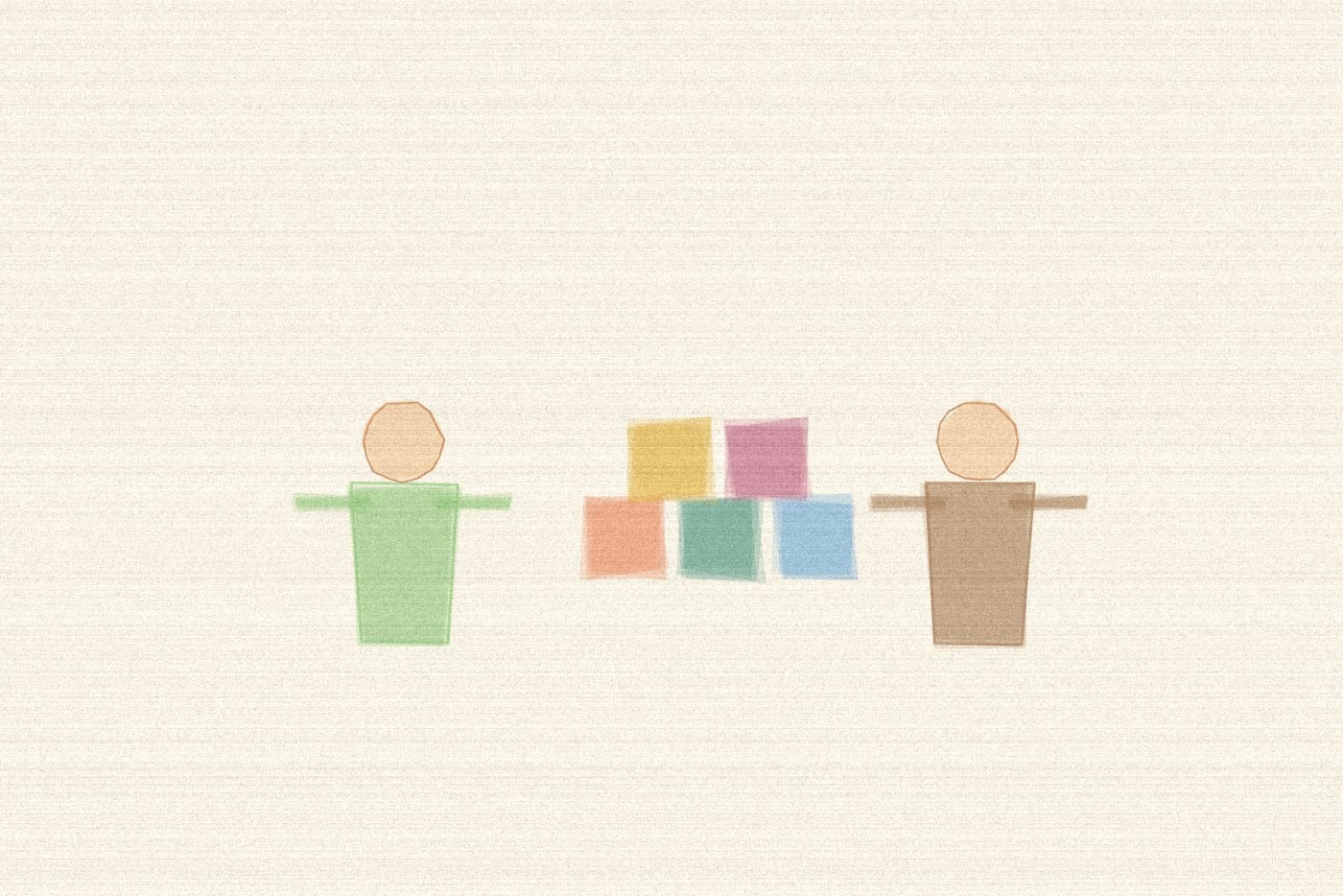 Crayon and wax texture style illustration for the early childhood activity 'Building Together: a cooperative construction challenge', with soft layered colour and a hand drawn feel