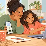 Caregiver and child exploring accessibility settings on a laptop and phone