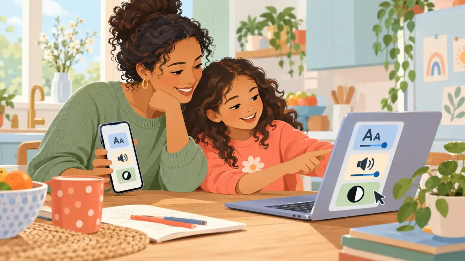Caregiver and child exploring accessibility settings on a laptop and phone