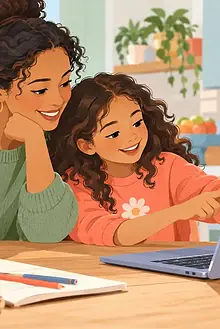 Caregiver and child exploring accessibility settings on a laptop and phone