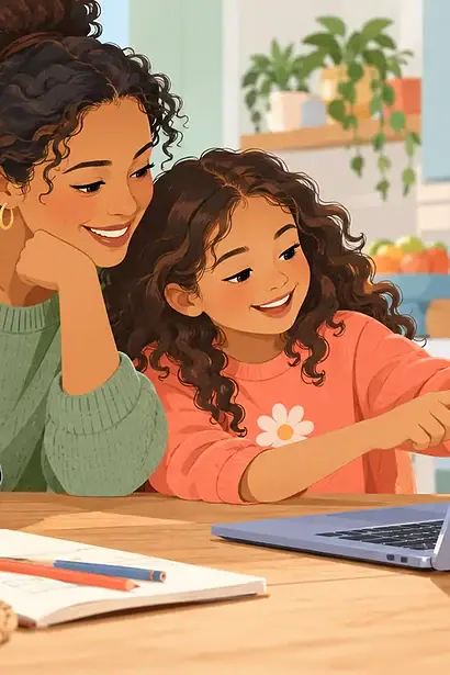 Caregiver and child exploring accessibility settings on a laptop and phone