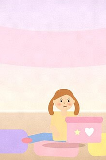 Illustration of a child sitting on cushions in a cosy corner with a decorated shoebox and a colourful spinner on the wall