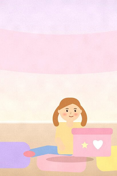 Illustration of a child sitting on cushions in a cosy corner with a decorated shoebox and a colourful spinner on the wall