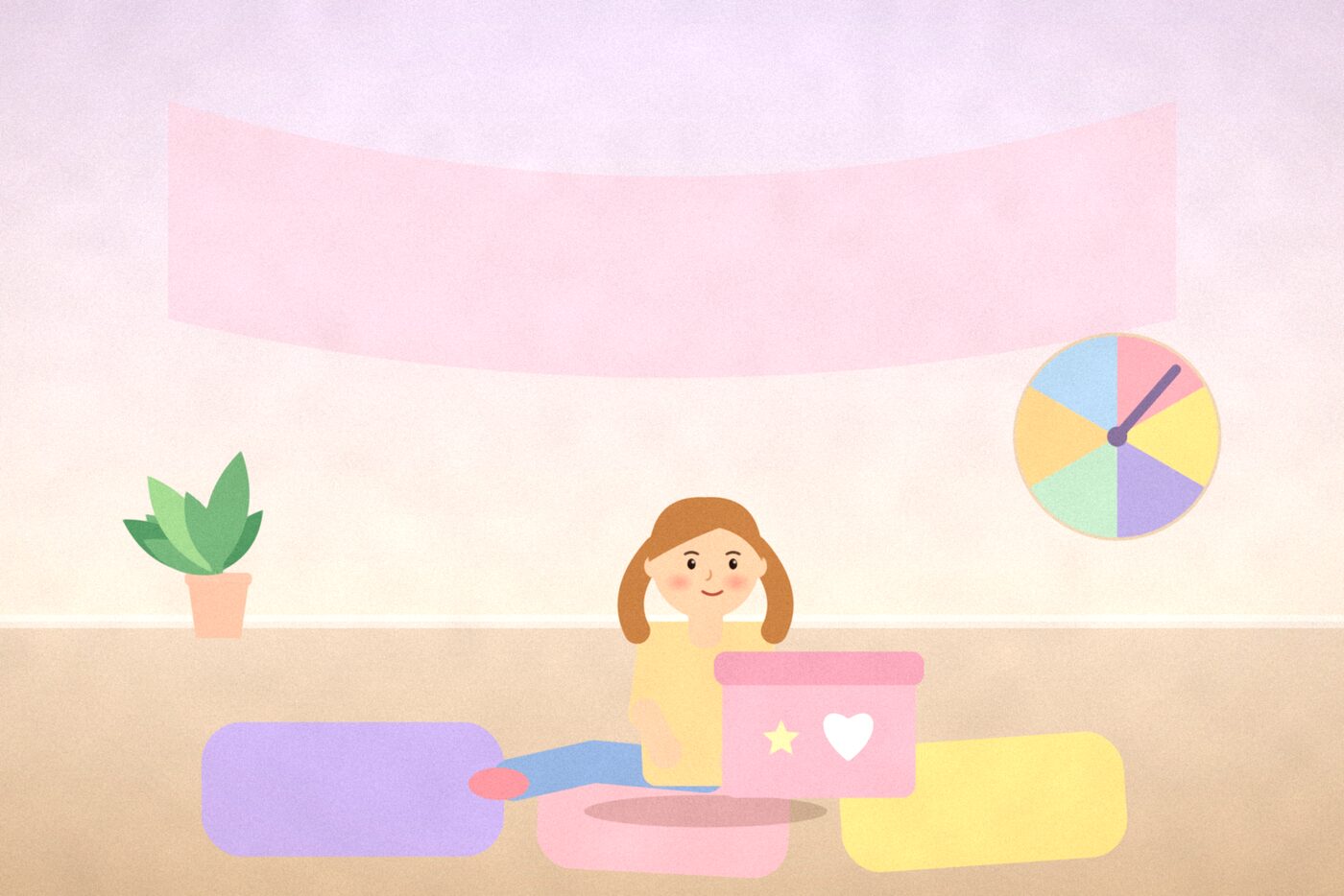 Illustration of a child sitting on cushions in a cosy corner with a decorated shoebox and a colourful spinner on the wall