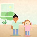 Illustration of a parent and teenager standing by a kitchen table with an open book showing a simple bar chart, having a calm conversation