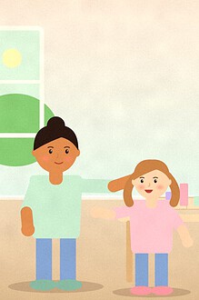 Illustration of a parent and teenager standing by a kitchen table with an open book showing a simple bar chart, having a calm conversation