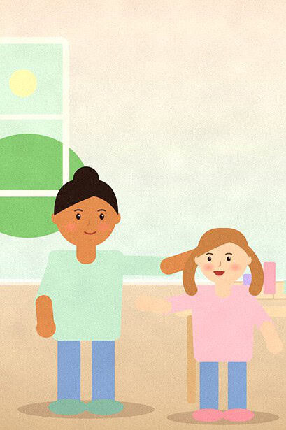 Illustration of a parent and teenager standing by a kitchen table with an open book showing a simple bar chart, having a calm conversation