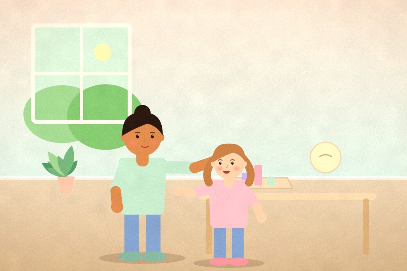 Illustration of a parent and teenager standing by a kitchen table with an open book showing a simple bar chart, having a calm conversation