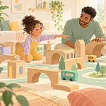 Pastel illustration of a father and daughter building a miniature cardboard city