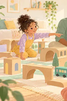 Pastel illustration of a father and daughter building a miniature cardboard city