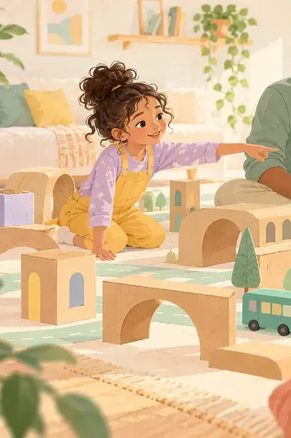 Pastel illustration of a father and daughter building a miniature cardboard city