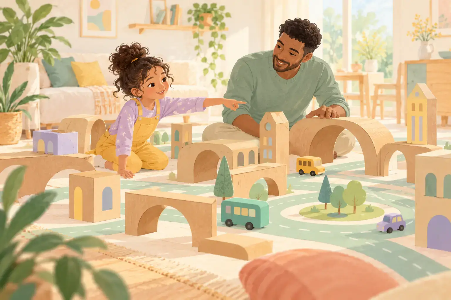 Pastel illustration of a father and daughter building a miniature cardboard city