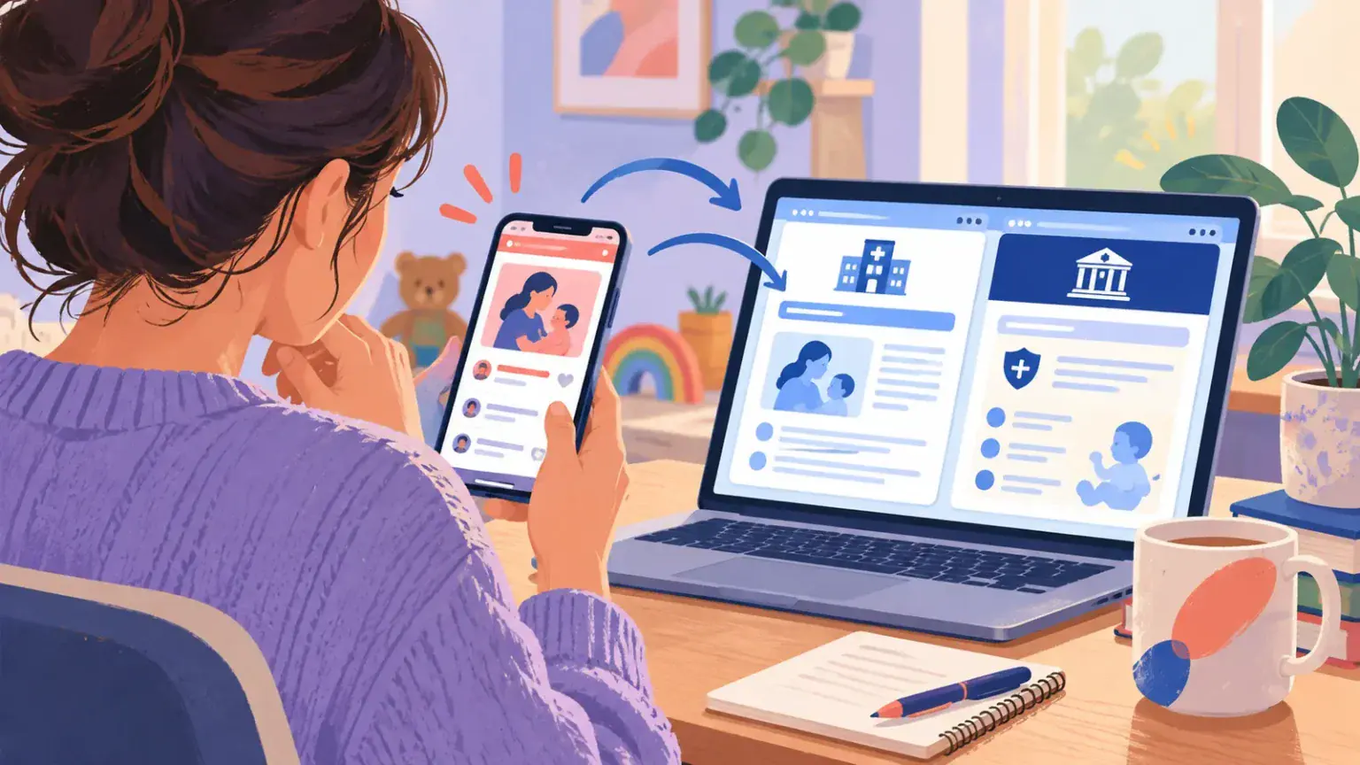 A parent compares a social post with authoritative health information on a laptop and phone