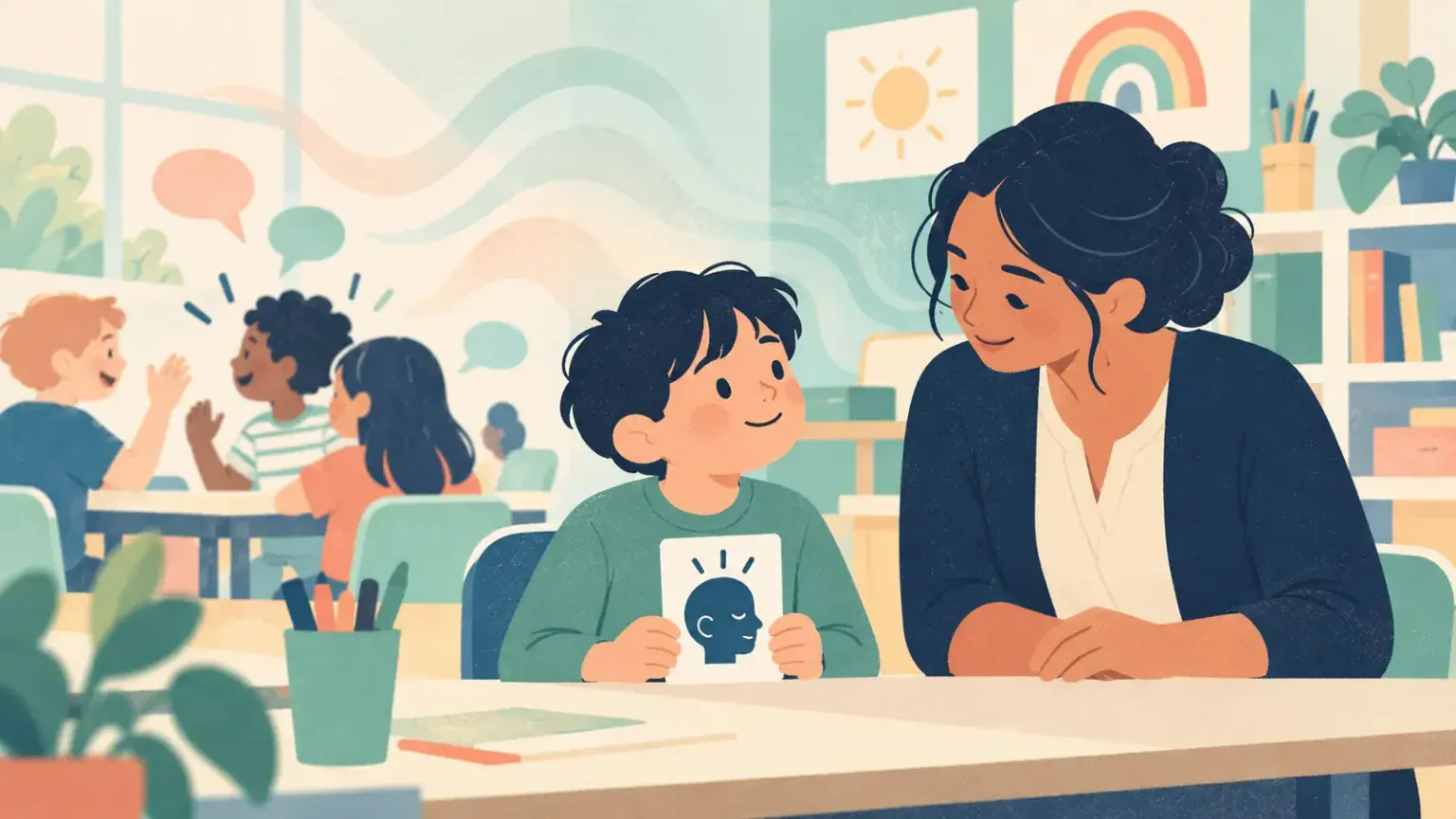 Child in a classroom using a visual cue while background sound is represented by soft fading waves