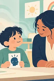 Child in a classroom using a visual cue while background sound is represented by soft fading waves