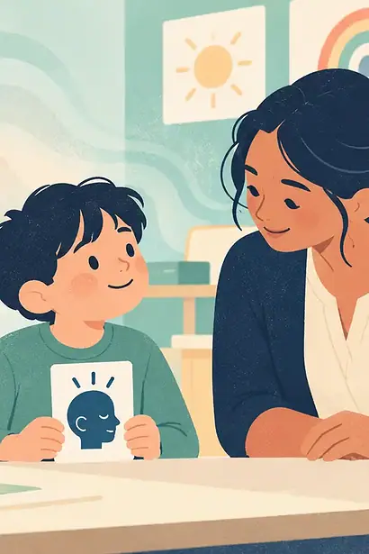 Child in a classroom using a visual cue while background sound is represented by soft fading waves