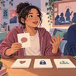 Teen practising an access request with a caregiver using choice and privacy cards