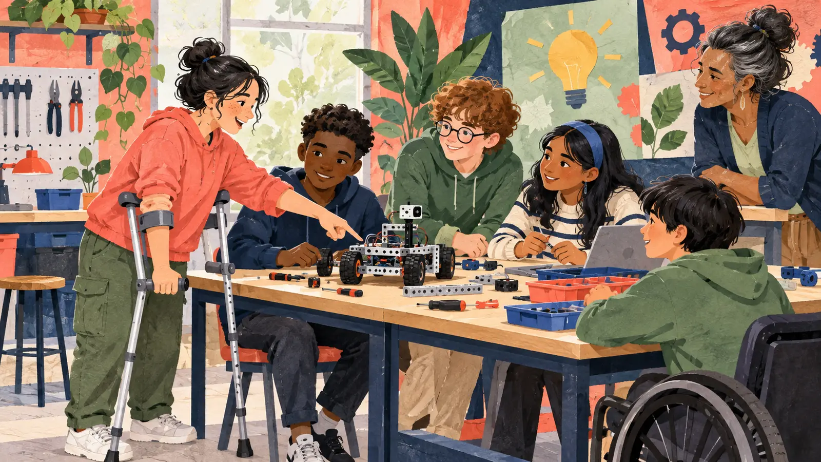Teen using crutches contributing ideas at an accessible robotics club table