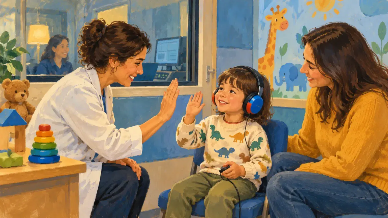 A pediatric audiologist giving a young child a playful hearing test while a parent watches