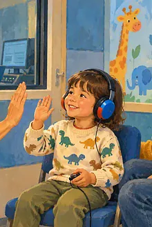 A pediatric audiologist giving a young child a playful hearing test while a parent watches