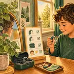 A child checking hearing devices and a charging case at a morning routine station