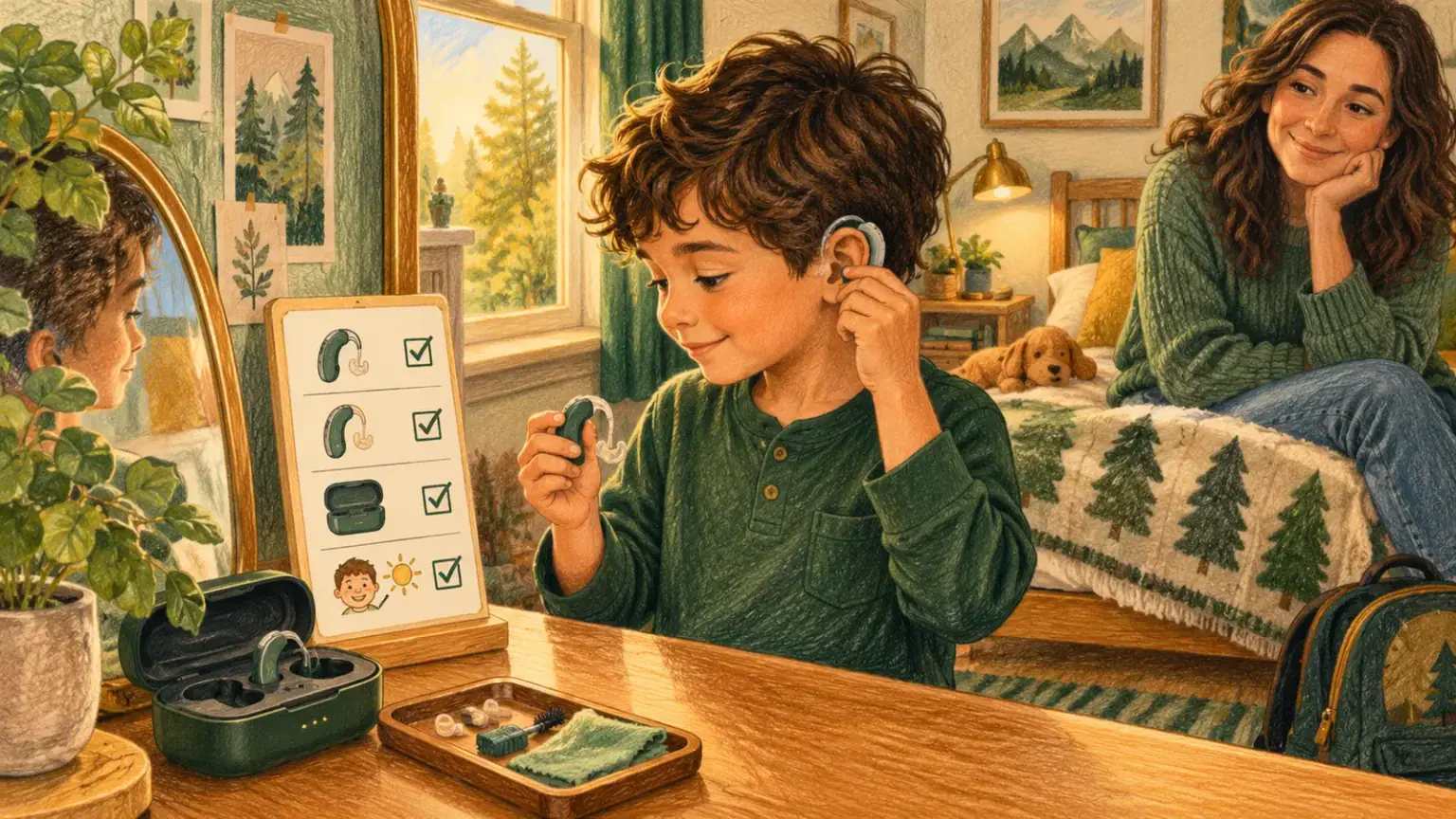 A child checking hearing devices and a charging case at a morning routine station