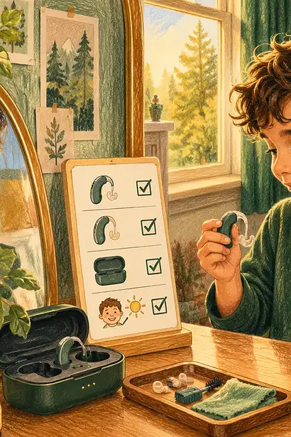 A child checking hearing devices and a charging case at a morning routine station