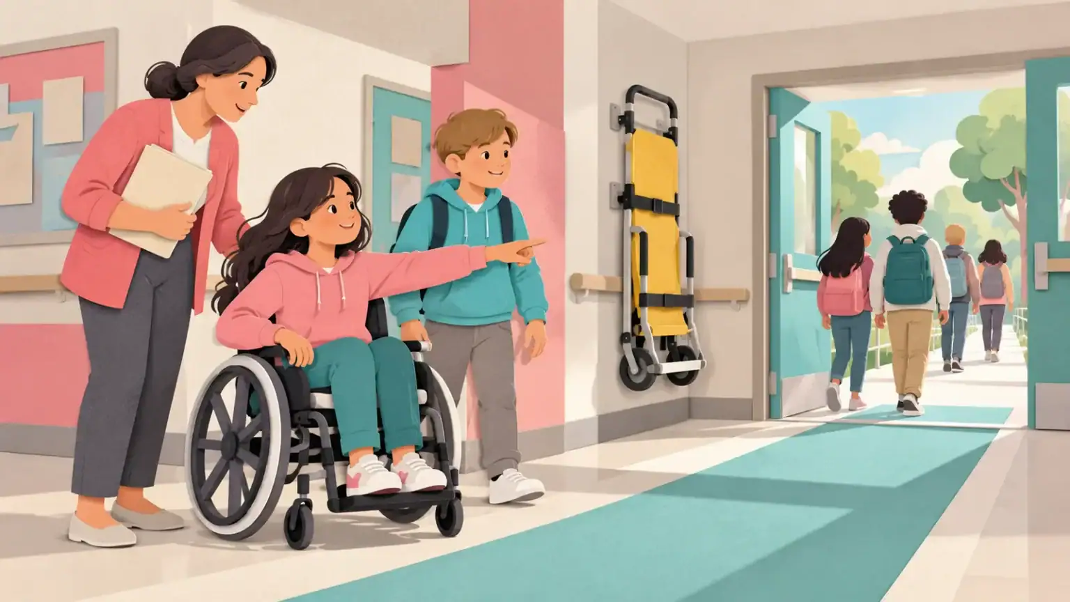 A wheelchair-using student reviews a wide school evacuation route with a teacher and peer beside an evacuation chair