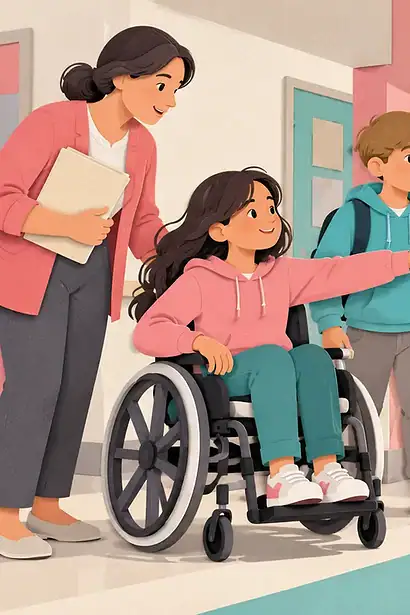 A wheelchair-using student reviews a wide school evacuation route with a teacher and peer beside an evacuation chair