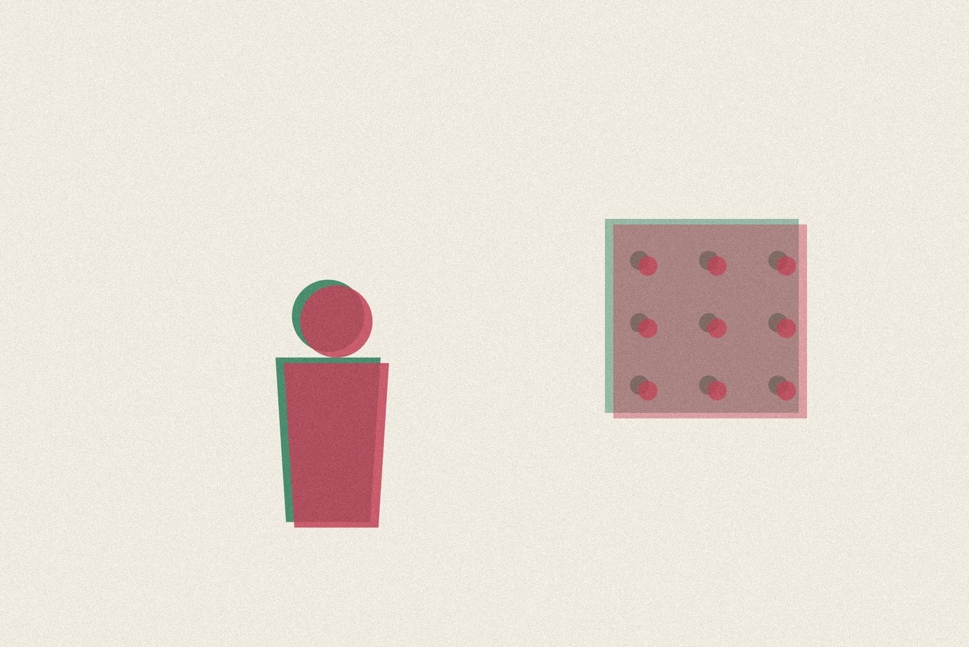Duotone risograph-style illustration of a figure beside a calendar grid of small dots, representing time and waiting