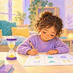 Child completing a sectioned worksheet at their own pace while a caregiver waits calmly