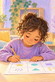 Child completing a sectioned worksheet at their own pace while a caregiver waits calmly
