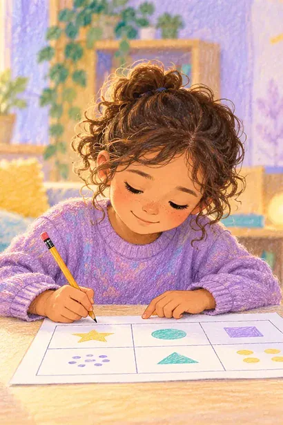 Child completing a sectioned worksheet at their own pace while a caregiver waits calmly