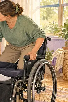 A teenager and caregiver coordinate a transfer between a bed and wheelchair using a transfer board