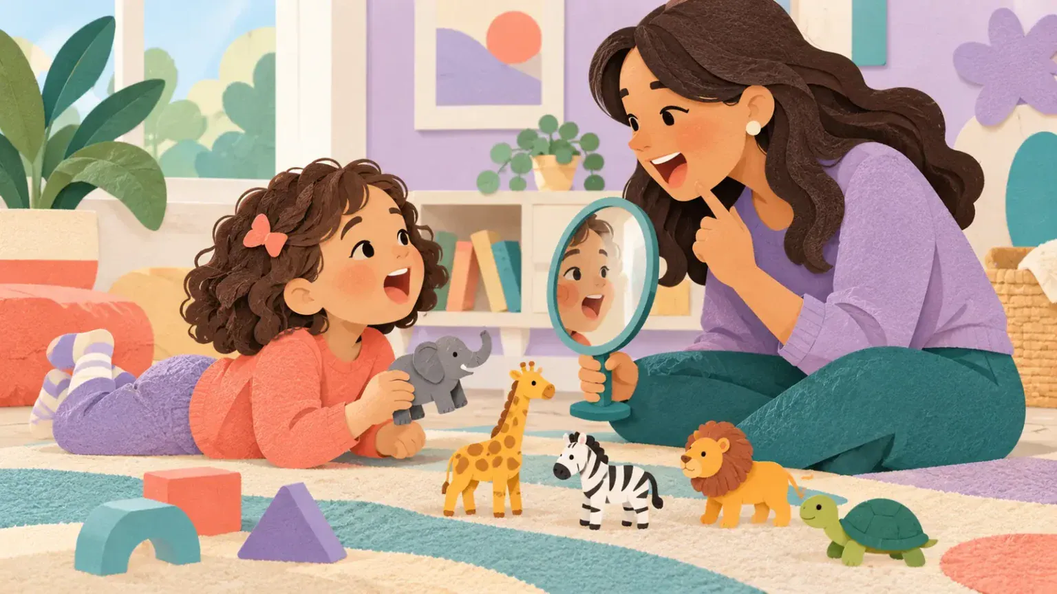 Preschool child and speech-language therapist playing with toy animals and a mirror in a welcoming room