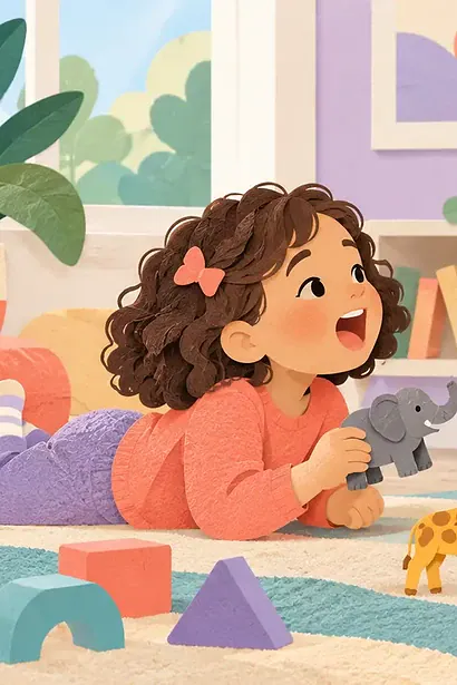 Preschool child and speech-language therapist playing with toy animals and a mirror in a welcoming room