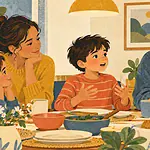 Child speaking at a family table while everyone listens patiently and keeps relaxed eye contact