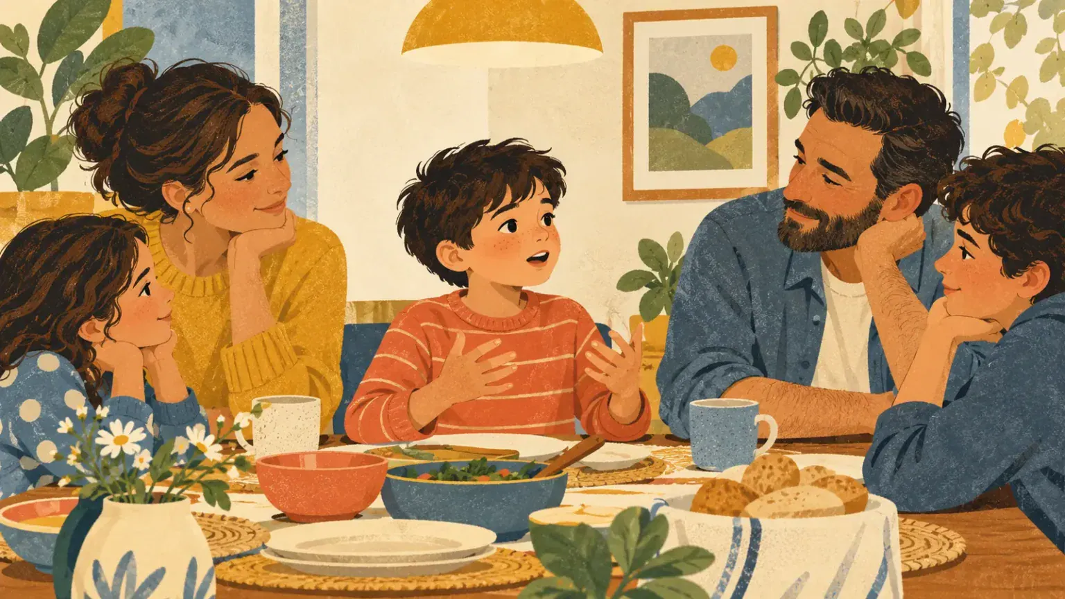 Child speaking at a family table while everyone listens patiently and keeps relaxed eye contact