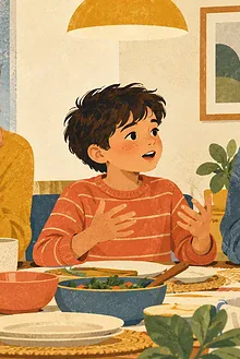 Child speaking at a family table while everyone listens patiently and keeps relaxed eye contact
