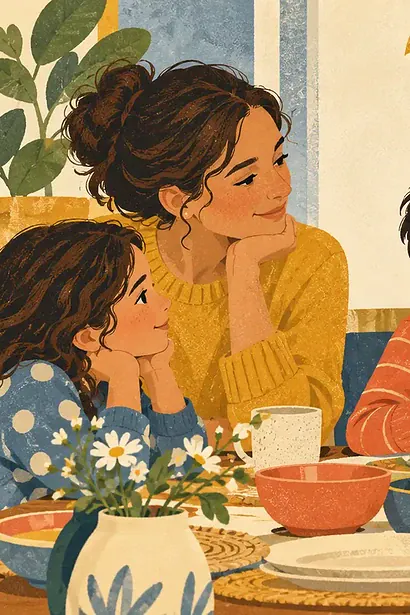 Child speaking at a family table while everyone listens patiently and keeps relaxed eye contact