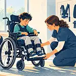 A clinician checks a child’s wheelchair footrest and cushion while the child and caregiver take part