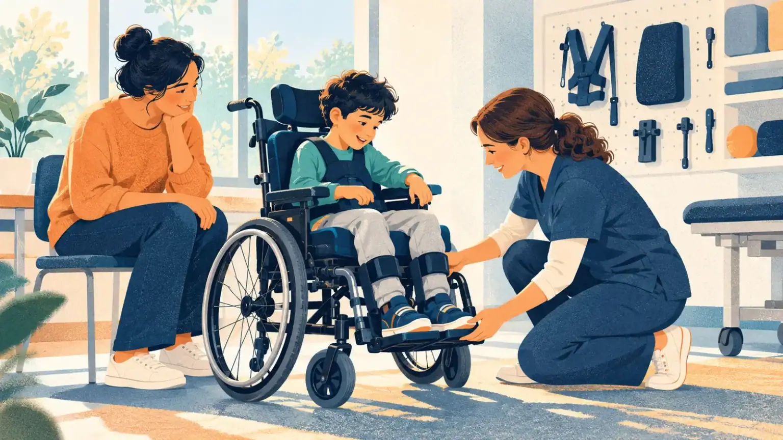 A clinician checks a child’s wheelchair footrest and cushion while the child and caregiver take part