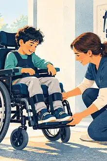 A clinician checks a child’s wheelchair footrest and cushion while the child and caregiver take part
