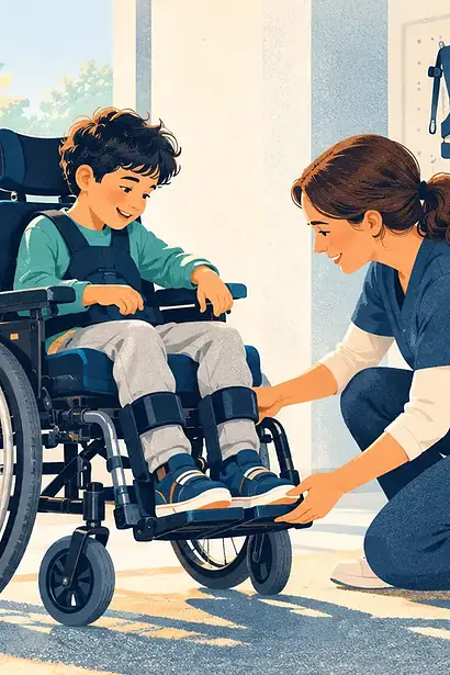 A clinician checks a child’s wheelchair footrest and cushion while the child and caregiver take part